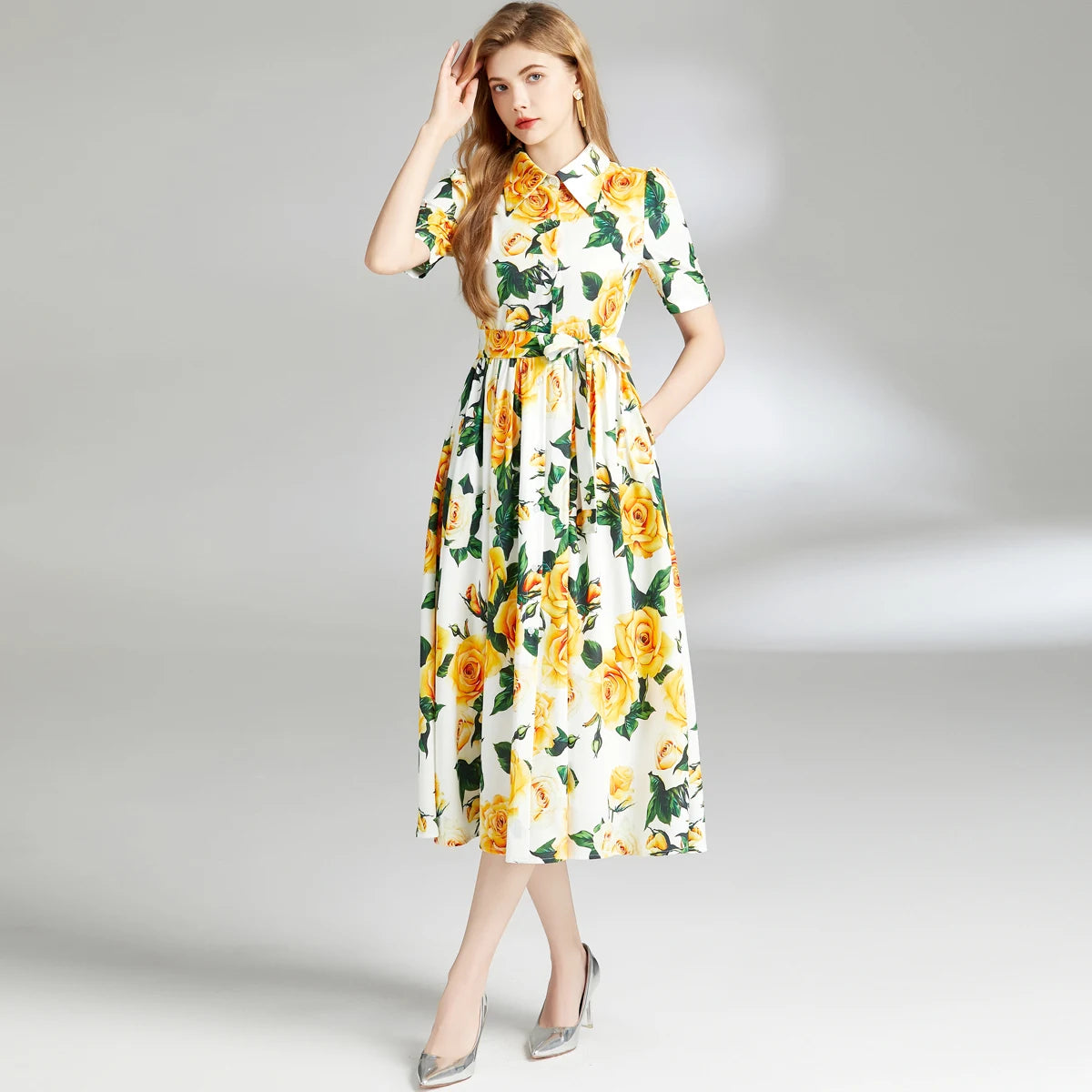 Yellow Rose Print Belted Shirt Dress - Shellss