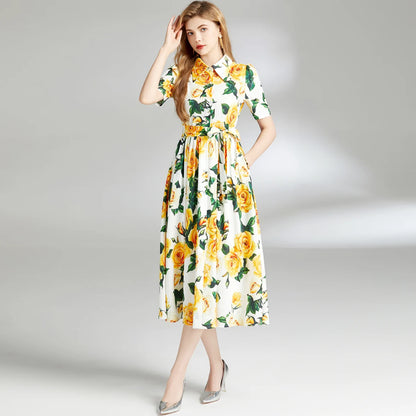 Yellow Rose Print Belted Shirt Dress