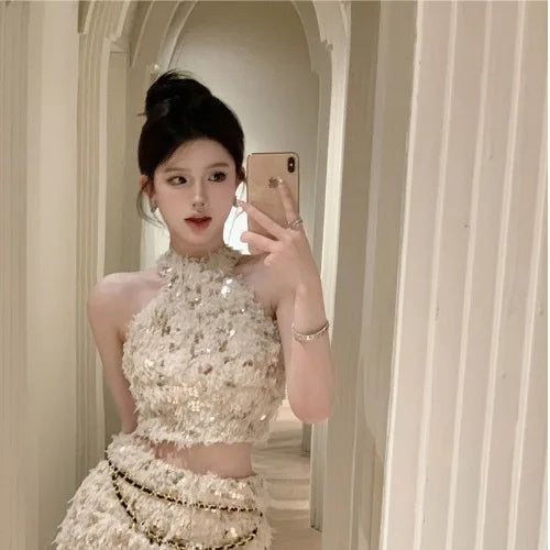 Summer New Little Fragrance Style Hot Girl Tassel Bright Particle Top Bodycon High Waist  Skirt Two Piece Set Women