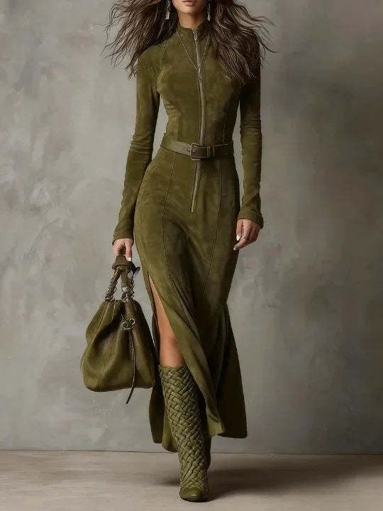 Vintage Solid Zipper LongDress