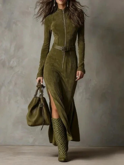 Vintage Solid Zipper LongDress