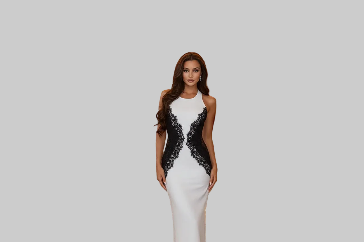 White long with Black Lace clio dress - Shellss