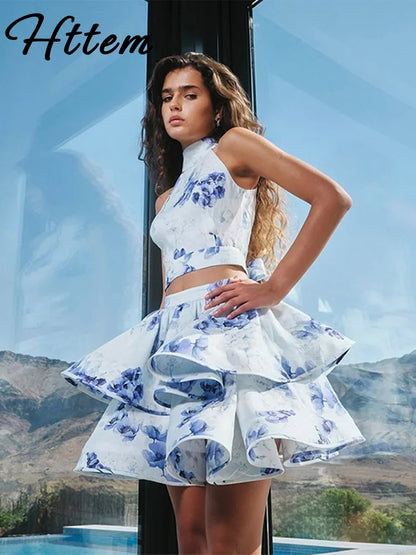 1 Sexy Print TOP & Ruffle Mini Skirt Set