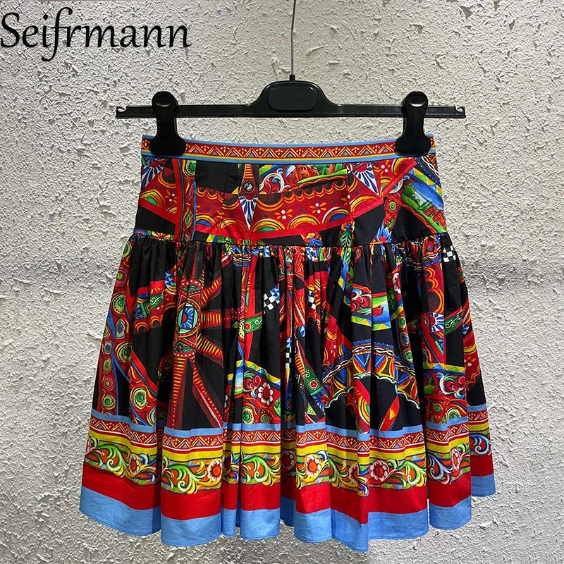 Seifrmann Casual printed cotton two-piece square neck sleeveless top high waist skirt suit 2026 autumn women's new style - Shellss