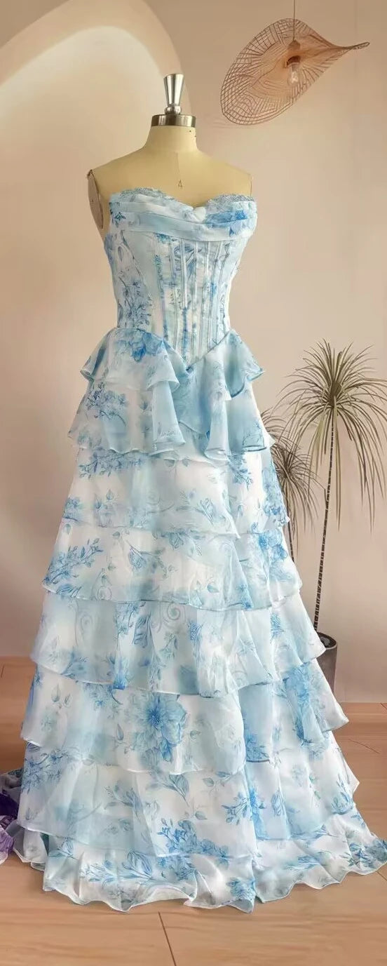 Strapless Evening Dresses Floral Tiered Ruffle