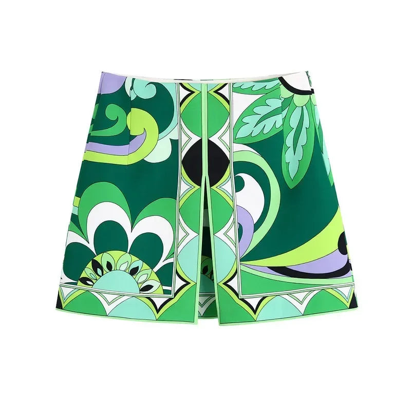 Summer Skirt Sets Women Tops Fashion Long Sleeve Plant Print Flower Shirt High Waist A-line Skirt Boho Beach Sets Y2k Skirt