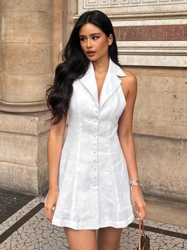 Linen V Neck Backless Slim Waist A Line Mini Dress