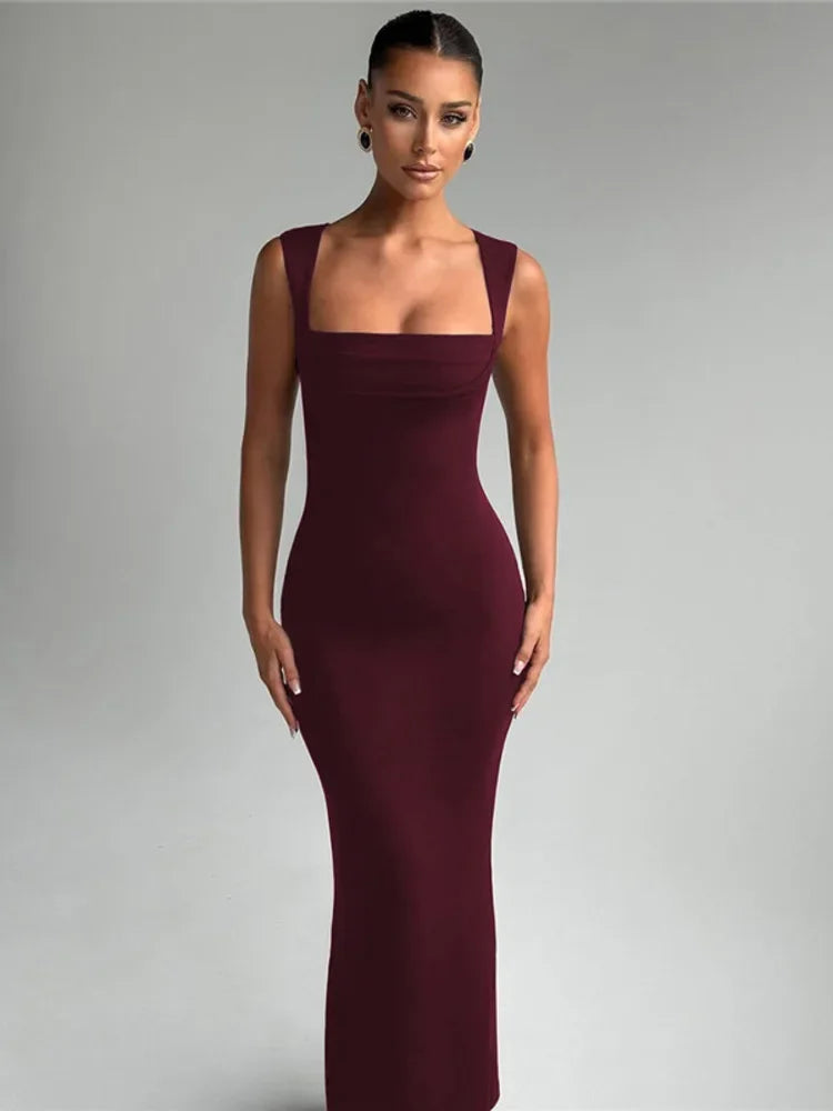 Square Collar Sleeveless Sexy Maxi Dress For Woman Fashion Spring Summer New High Waist Bodycon Club Party Long Dress - Shellss