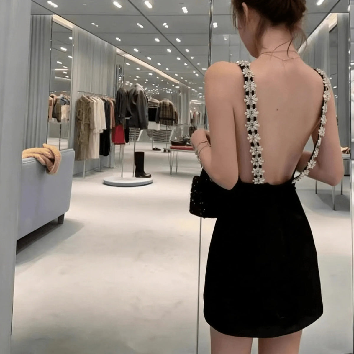 Heavy Industry Nail Drill Backless Camisole Dress for Women 2026 Summer Fashionable French Temperament Bag Buttocks Black Dress
