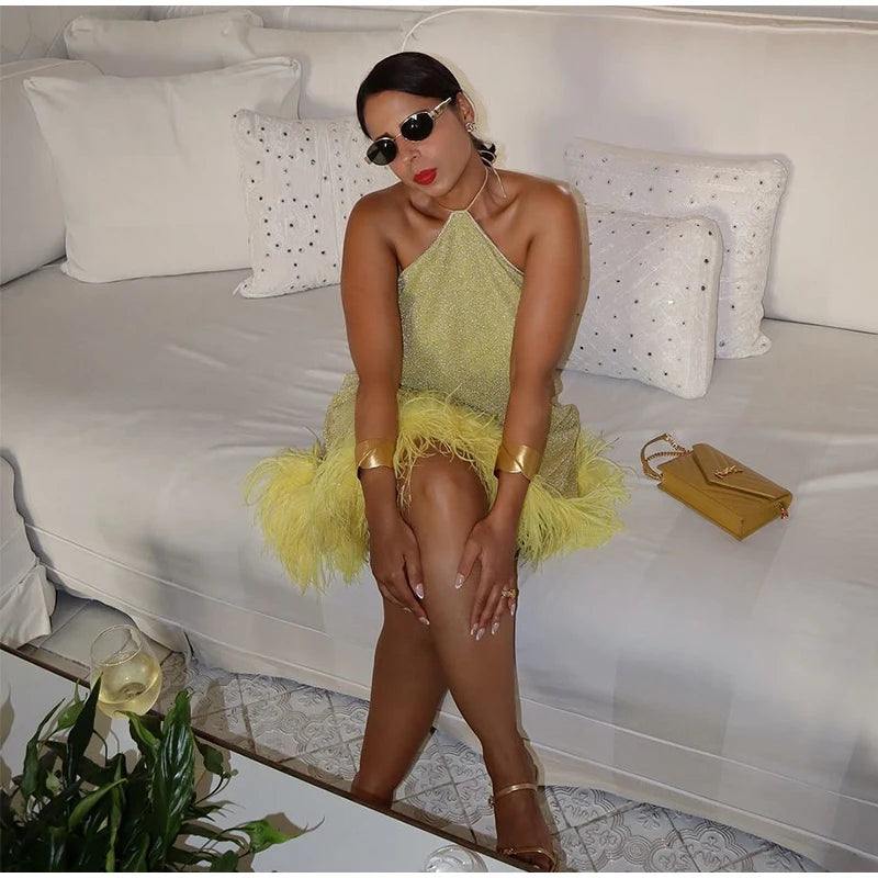 Yellow Sparkly Feathers Mini - Shellss