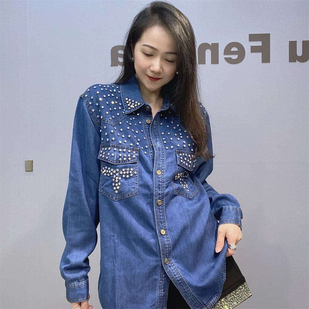 Diamonds Beaded Denim Shirts Rhinestones - Shellss