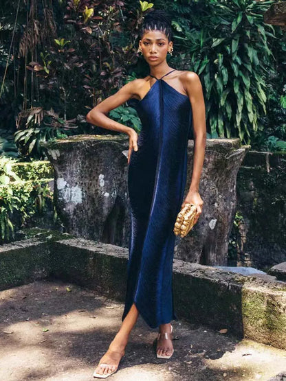 Halter Backless Solid Vintage Bodycon Long Dress