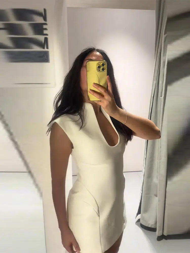 Elegant Slim Women's Dress Stand Collar Hollow Out Sleeveless Waist-Closed Lady Mini Dresses 2026 Spring Summer Female Robe