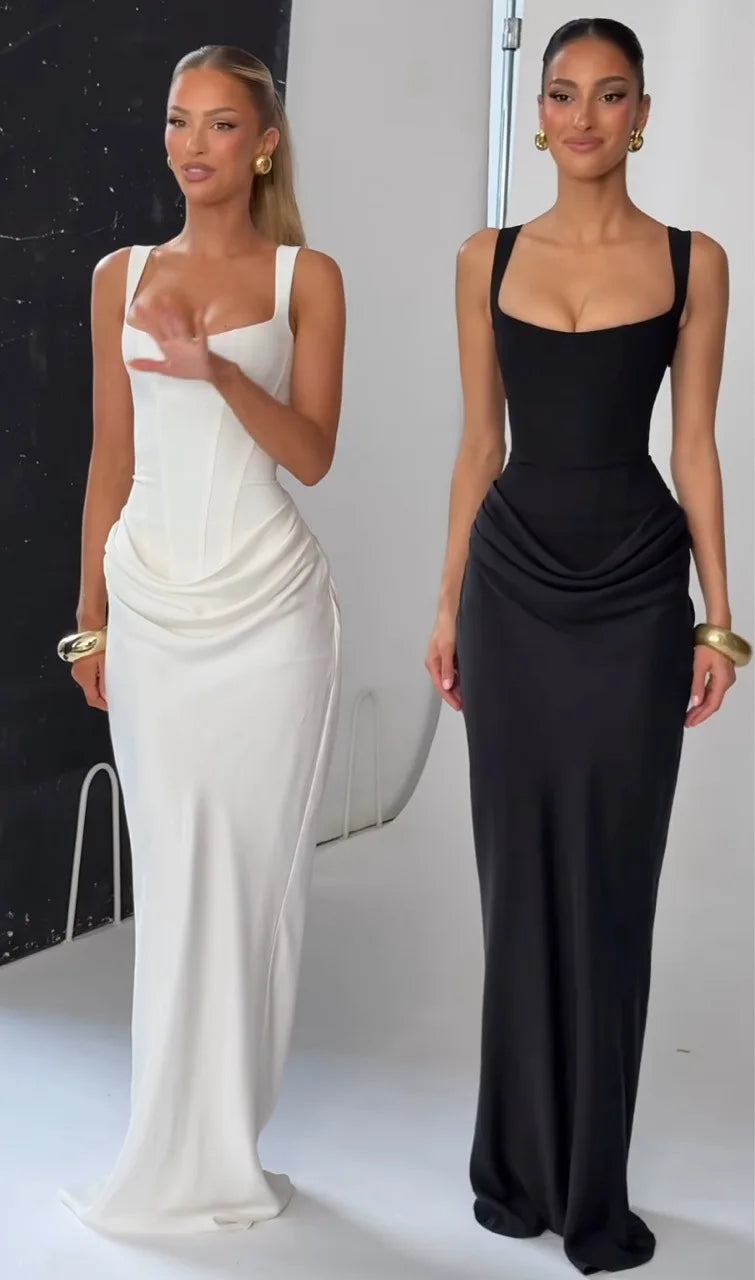 Suninheart White Women's Maxi Dress Elegat Lace Up Dress Slim Formal Wedding Guest Party Dress - Shellss