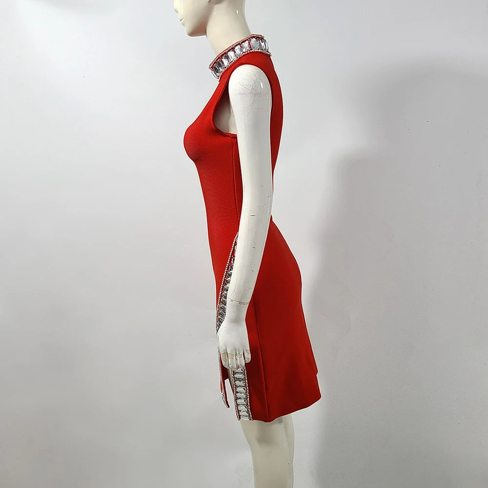 Sexy High Quality Rhinestones Short Party Dress Women Bandage Sleeveless Red Dresses 2025 Fashion Club Vestidos Robes