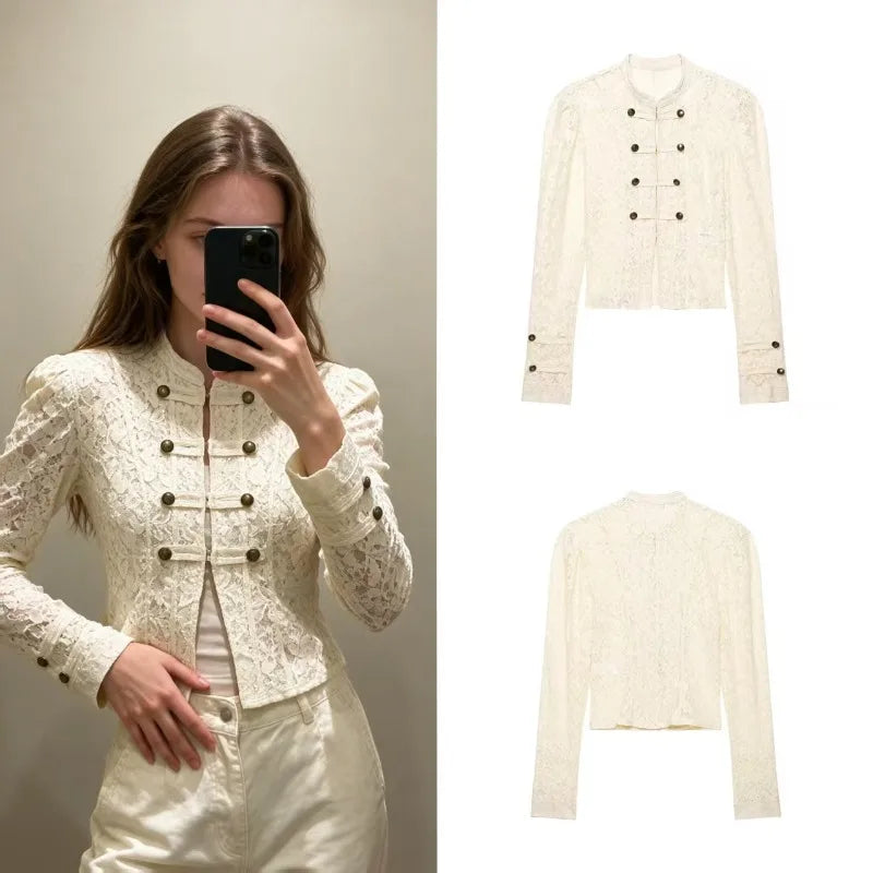 2026French Vintage Floral Lace Cropped Jacket Mandarin Collar Frog Knot Buttons Puff Long Sleeve Slim Retro Outerwear for Women