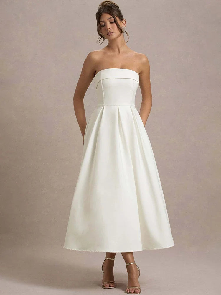 Off-shoulder Strapless Sexy Midi Dress Women Fashion Elegant Sleeveless Backless High Waist A-line Club Party Dress New - Shellss