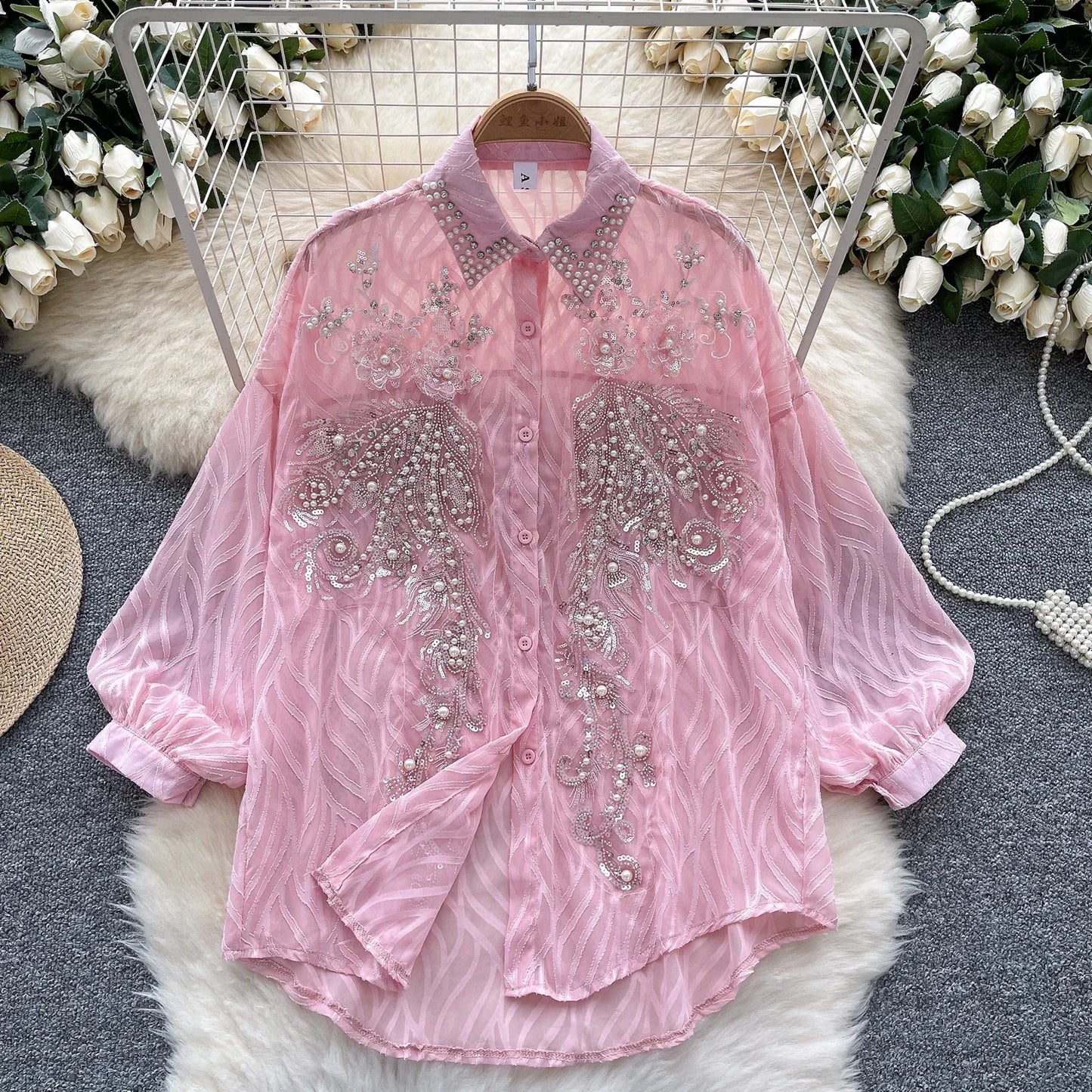 Lantern Sleeves Polo-neck Embroidered Beads Sequin shirt