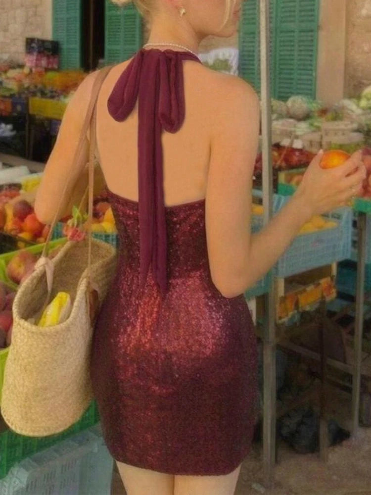 Casual Sleeveless Bodycon Short Party Dresses Women Sexy Halter Glitter Sequin Mini Dress Summer Backless Hollow Slim Hips Dress - Shellss
