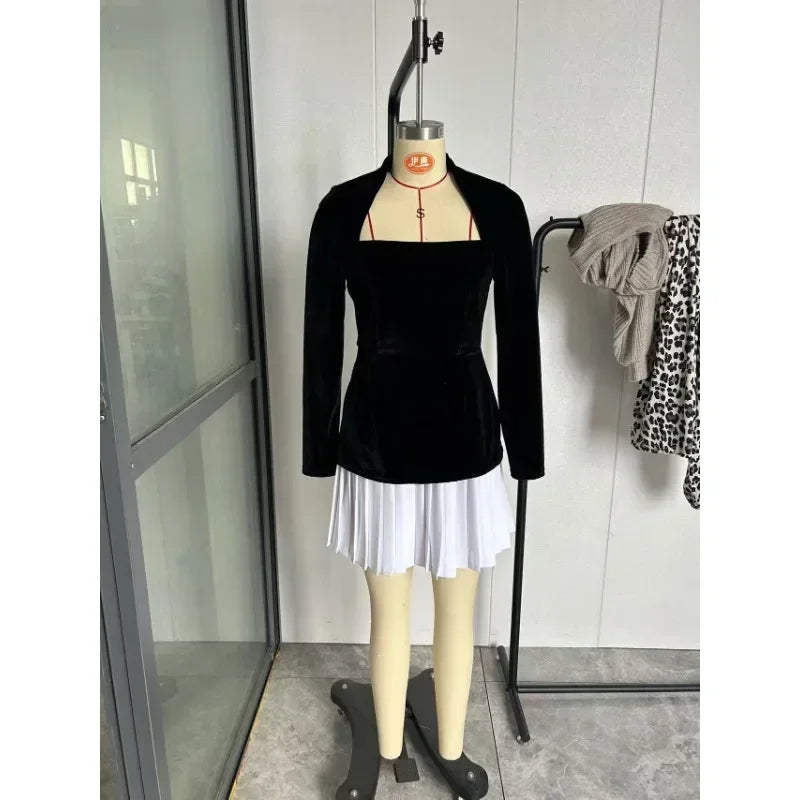 Pleated Velvet Black Fashion Mini Dress Elegant Square Neck Shoulder Contrasting Hem Midi Dresses Lady Evening Party Vestido