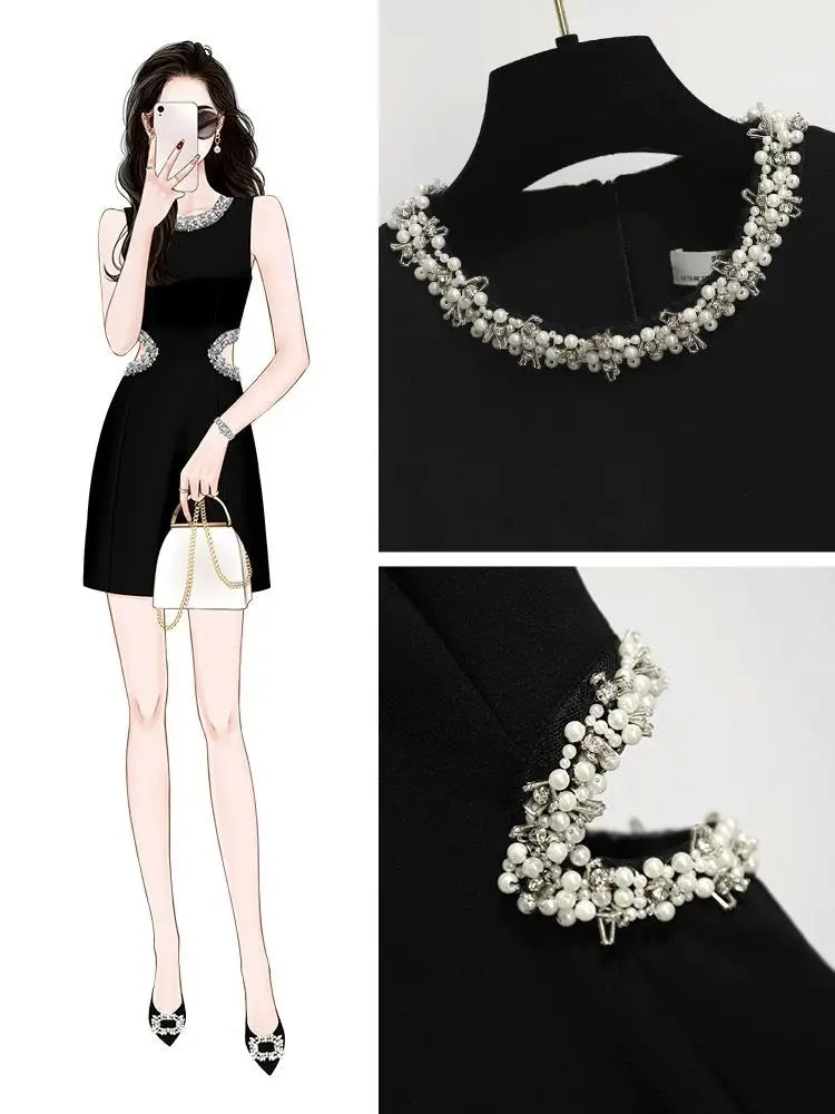 French Waistless Cut-out Celebrity Dress Temperament  Sleeveless High-end Waist Small Black Skirt with A Hollow Waist New Style