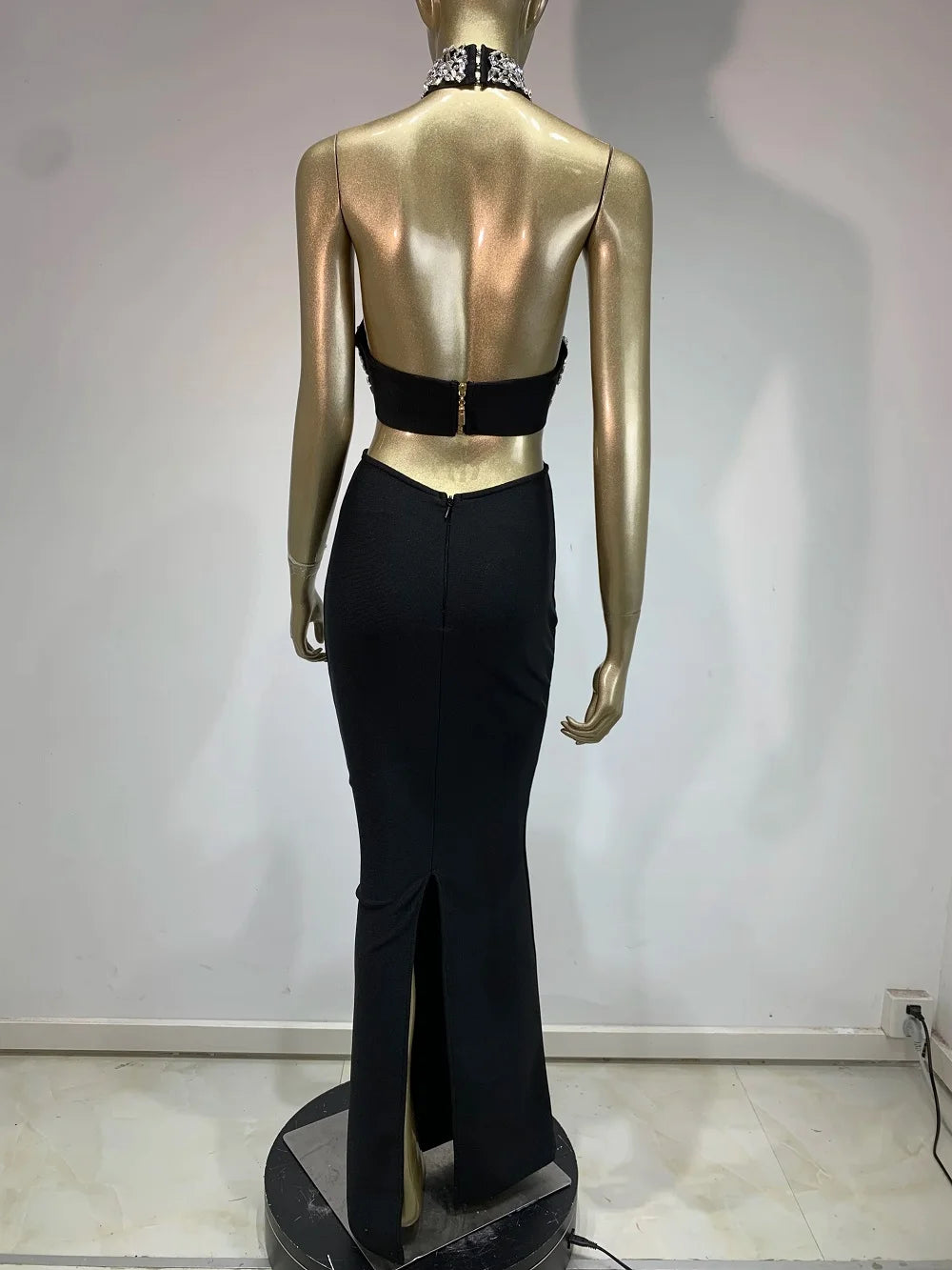 2025 Women Celebrity Sexy Halter Beading Crystal Black Maxi Long Bodycon Bandage Dress Elegant Evening Club Party Dress