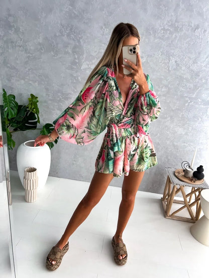 Boho Chic V-Neck Lantern Sleeve Romper