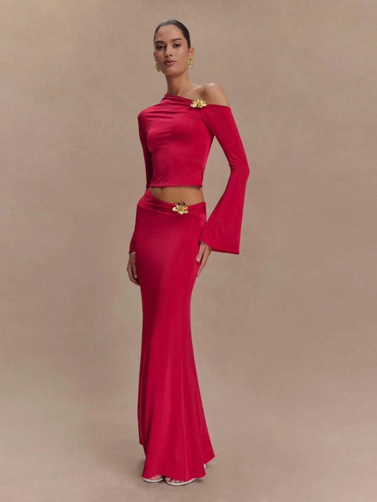Women's Metal Flower Skirt Two Piece Set Sexy Slanted Neck Long Sleeves Top + Slim Long Skirt Suits Celebrity Party Cocktail
