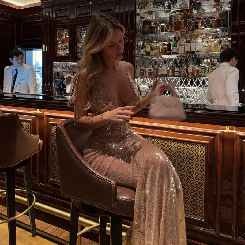 Sequin Deep V-neck Long Dress Women Chic Sleeveless Spaghetti Strap Backless Mermaid Robes Lady Sexy Evening New Party Dresses