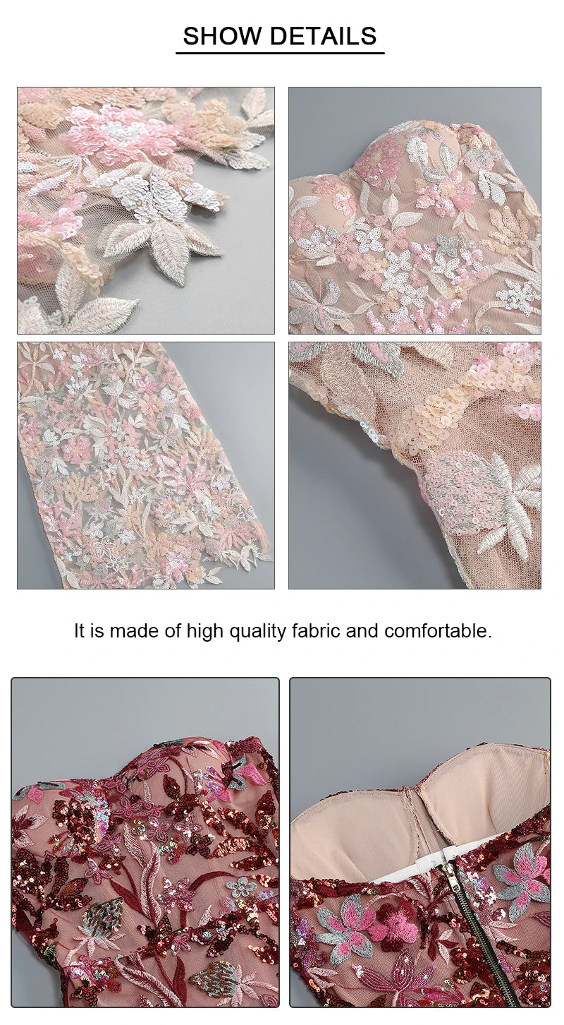 VC Floral Embroidery Sequins Long Dress Strapless Mesh