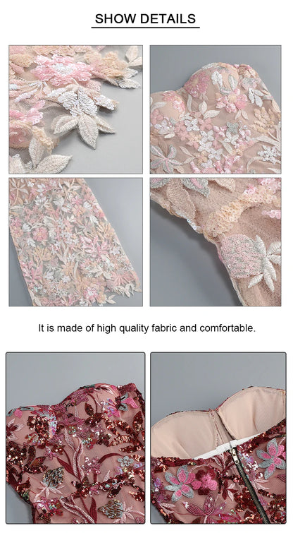 VC Floral Embroidery Sequins Long Dress Strapless Mesh