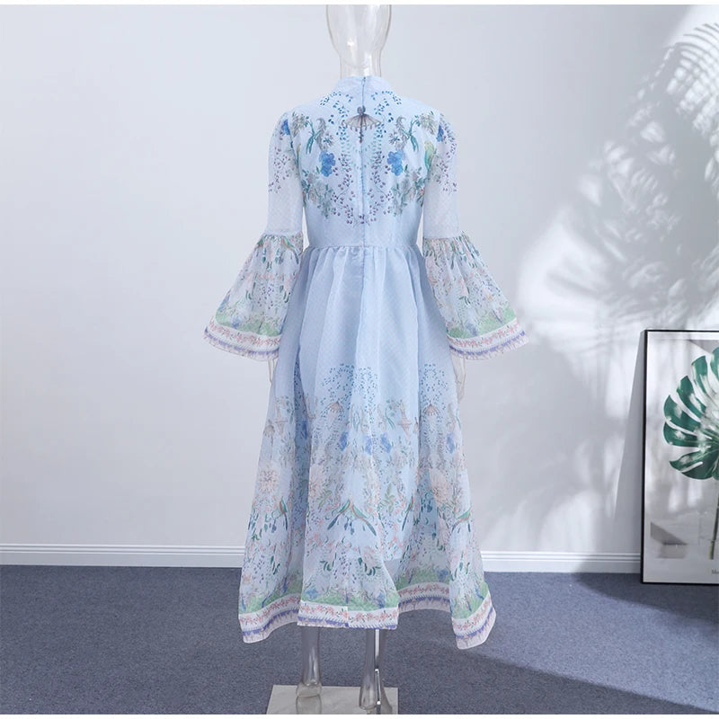 Floral Print Women Dress Button Down Mock Neck Maxi Dresses Long Lantern Sleeve A-Line Waist Belt Flared Hem Elegant Streetwear - Shellss