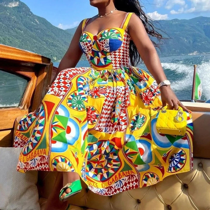 Multicolor Dolce Print Yellow Long Dress