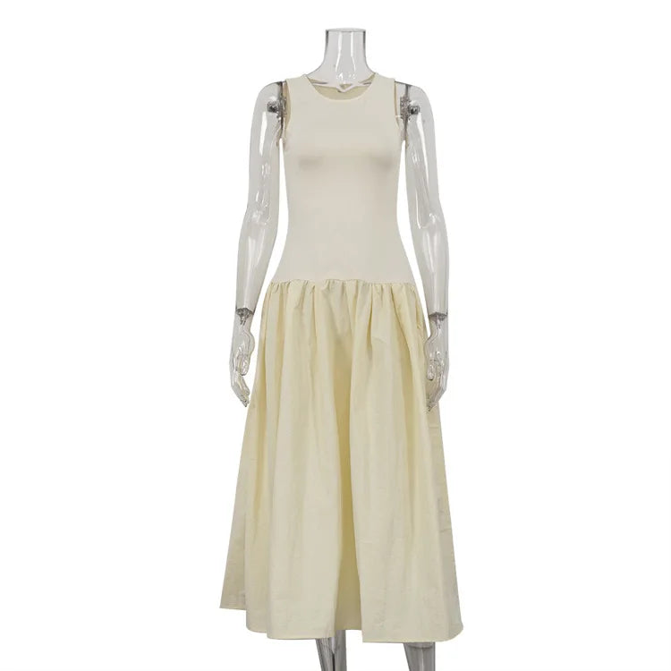 Talenza Elegant Sleeveless Vest Long Dress Women's Summer Solid Color Long Party Dress Pleated Patchwork Casual Slim Long Dress - Shellss