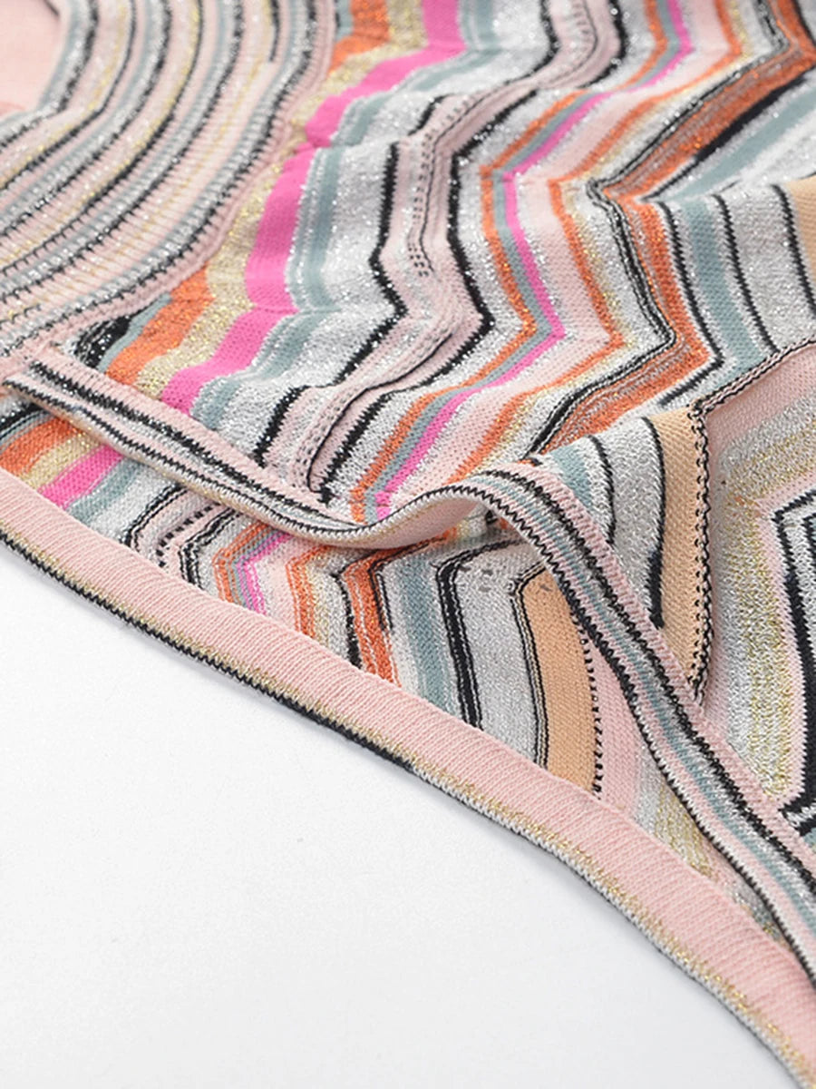 VGH Chic Multicolor Chevron Striped Knit Maxi Dress for Women Halter Sleeveless High Neck Keyhole Back Button Closure Bodycon