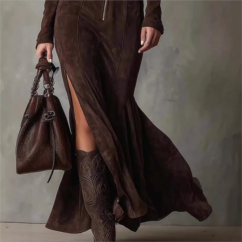 Vintage Solid Zipper LongDress