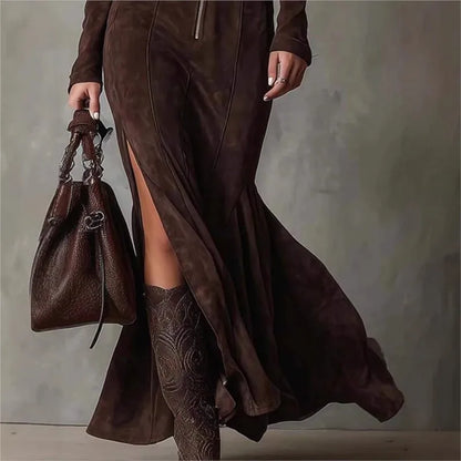 Vintage Solid Zipper LongDress