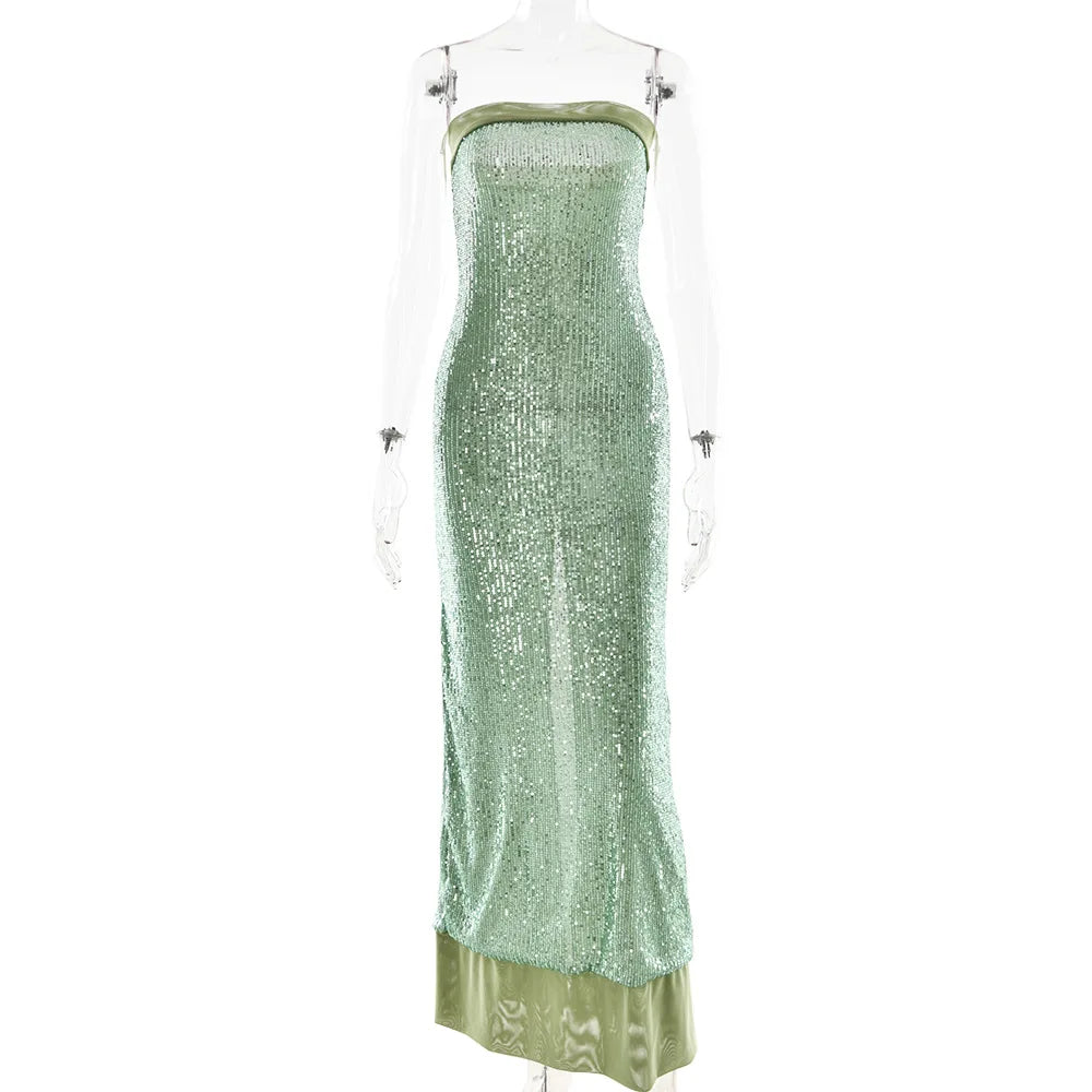 TWOTWINSTYLE Solid Slimming Fashion Dresses for Women Strapless Sleeveless Patchwork Sequins Midi Split Dress Female Clothing