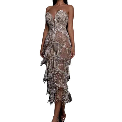 PARTY Sequins Deep V Neck Tassel Dress