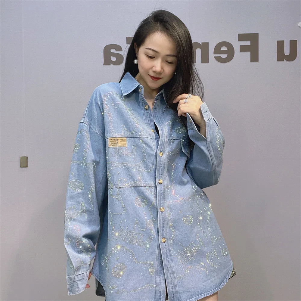 Women Hot Drilling Animals Sequined Denim Shirt Autumn Rhinestones Jeans Jacket Crystal Cowboy Cardigan Single Breasted Tops