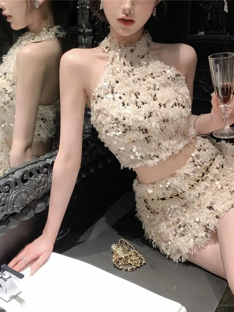Summer New Little Fragrance Style Hot Girl Tassel Bright Particle Top Bodycon High Waist  Skirt Two Piece Set Women