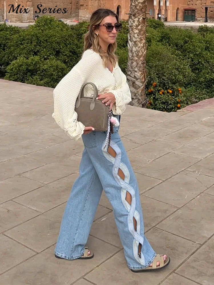 Fashion Side Hollow Out Jeans Women's High Waist Straight Leg Denim Pants 2026 Summer New Lady Trendy Casual Streetwear
