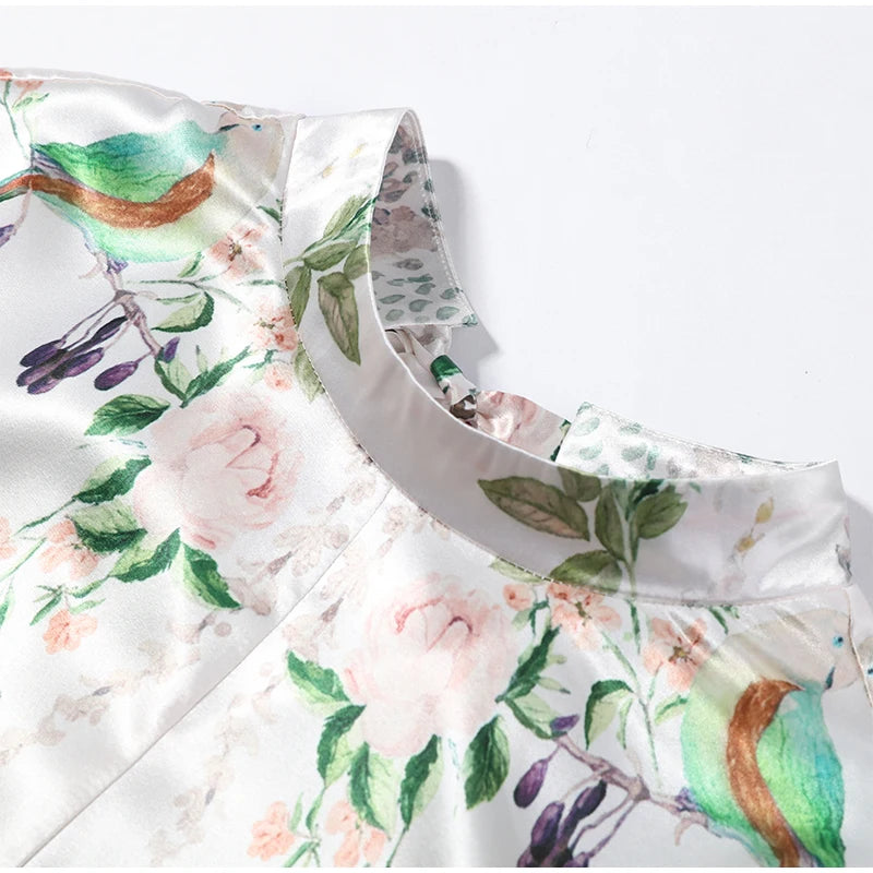 Floral Print Women Dress Button Down Mock Neck Maxi Dresses Long Lantern Sleeve A-Line Waist Belt Flared Hem Elegant Streetwear - Shellss