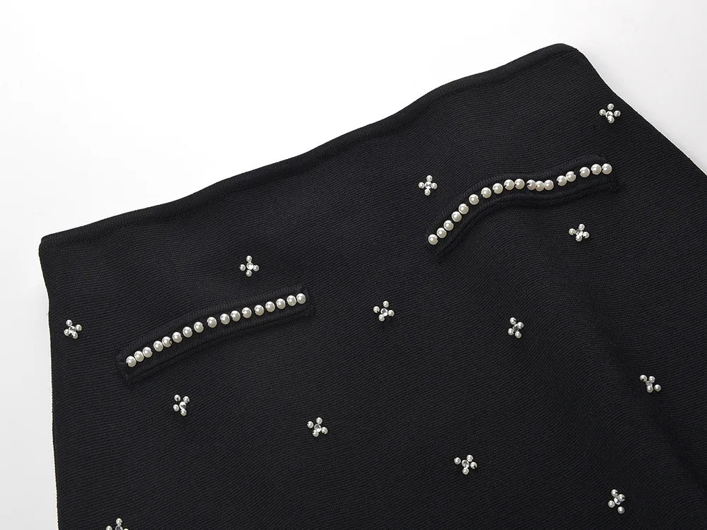 Sandro Summer New French Style Heavy Beaded Slim Fit Black Round Neck Sleeveless Top + Skirt