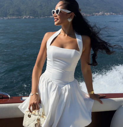 White halter neck dress