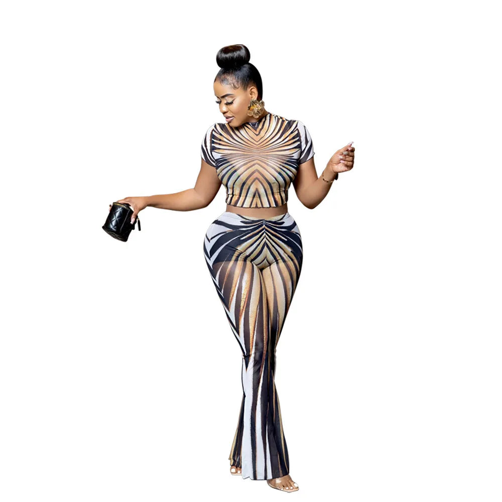 Summer Stripe Sheer Mesh Two Piece Set Women Short Sleeve Top High Waist Pants Elegant See Through Bodycon Matching Sets - Shellss