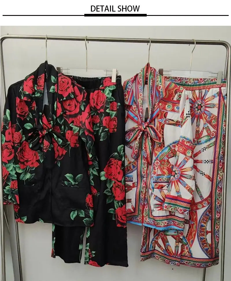 Autumn Fashion Printed Satin Two-Piece Pants Long-Sleeved Lace-Up Shirt Jacket Elastic Waist Wide-Leg Pants Home Wear Women's Su - Shellss