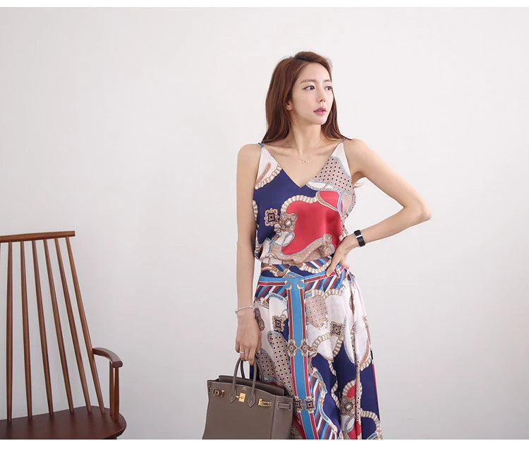 H Han Queen Hot Sale Summer Women Print Work 2 Pieces Set Camisole Top Blouses + Vintage A-Line Skirt Korean Simple Skirt Suit
