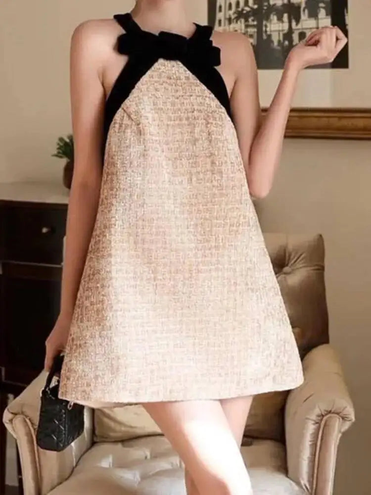 DEAT Women Halter Bow Tweed Mini Dress Color Block Neck Trim Loose Straight Cut Sleeveless Elegant Cocktail Birthday Daily