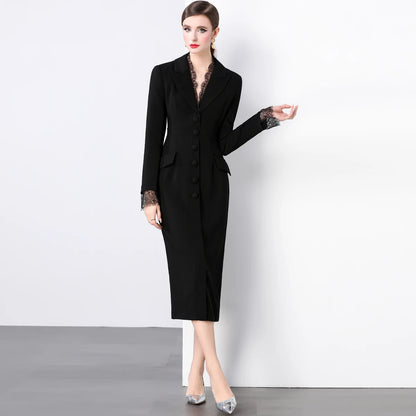 Blazer Dress Women Notched V-Neck Single-Breasted Long